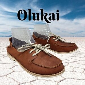Olukai Womens Moku Leather Loafers Sz 8.5 Fold Down Heel Lace Up Casual Comfort